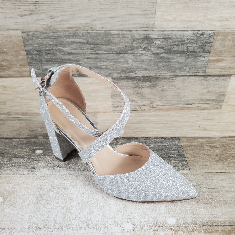 Paradox London Rylee Womens Heel Pumps Sz 7 Silver Buckle Pointed Toe Block Heel